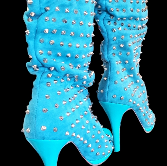 Designer Inspired Teal Studded Peep Toe High Heel Boots Size 42 - Picture 4 of 16